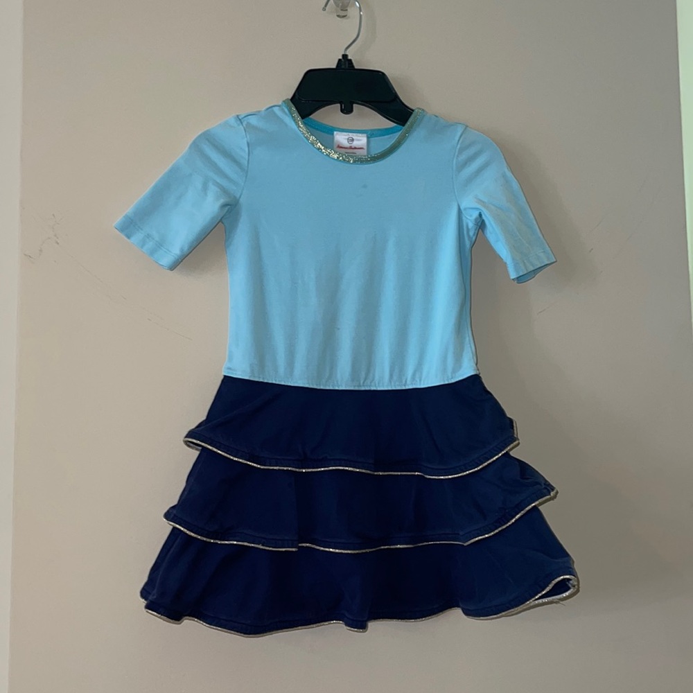Ruffle skirt dress - blue & gold - SIZE 5. Slight imperfections (see photos)